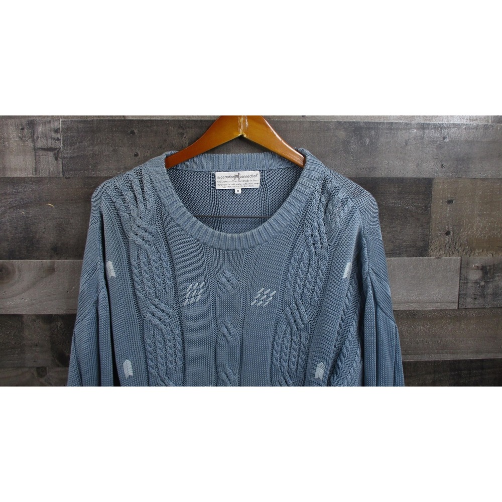 Peruvian Connection Sweater Womens Medium Blue Pima Cotton Cable Knit Peru